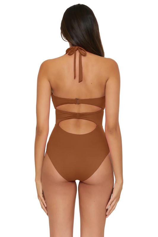 Soluna Medium Becca Buckle-Up One-Piece Swimsuit Brown Coconut New