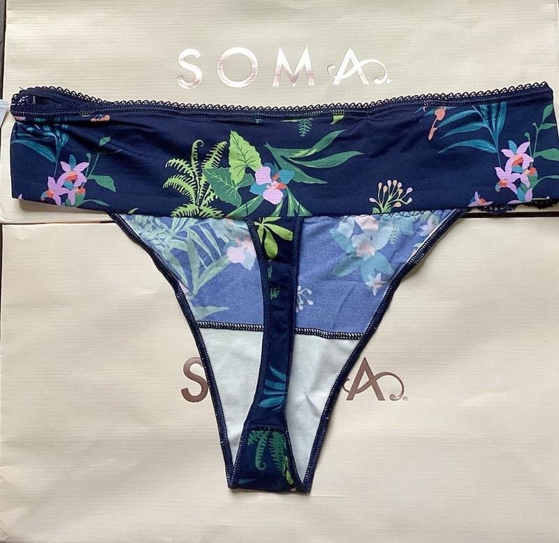 SOMA VANISHING EDGE THONG VE Microfiber W/ Lace Lush Botanical Navy Size M