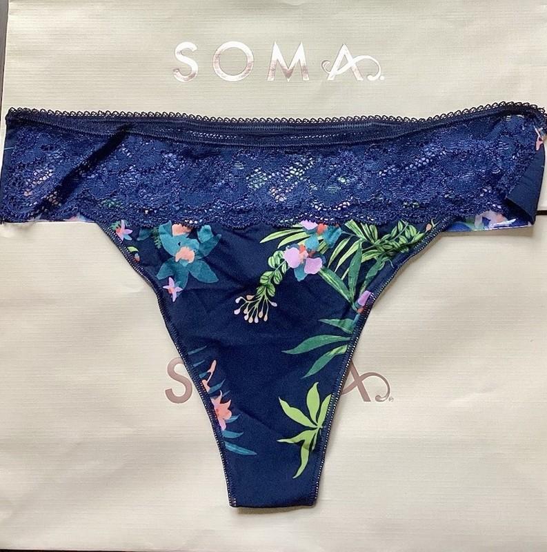 SOMA VANISHING EDGE THONG VE Microfiber W/ Lace Lush Botanical Navy Size M