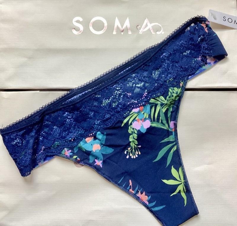 SOMA VANISHING EDGE THONG VE Microfiber W/ Lace Lush Botanical Navy Size M