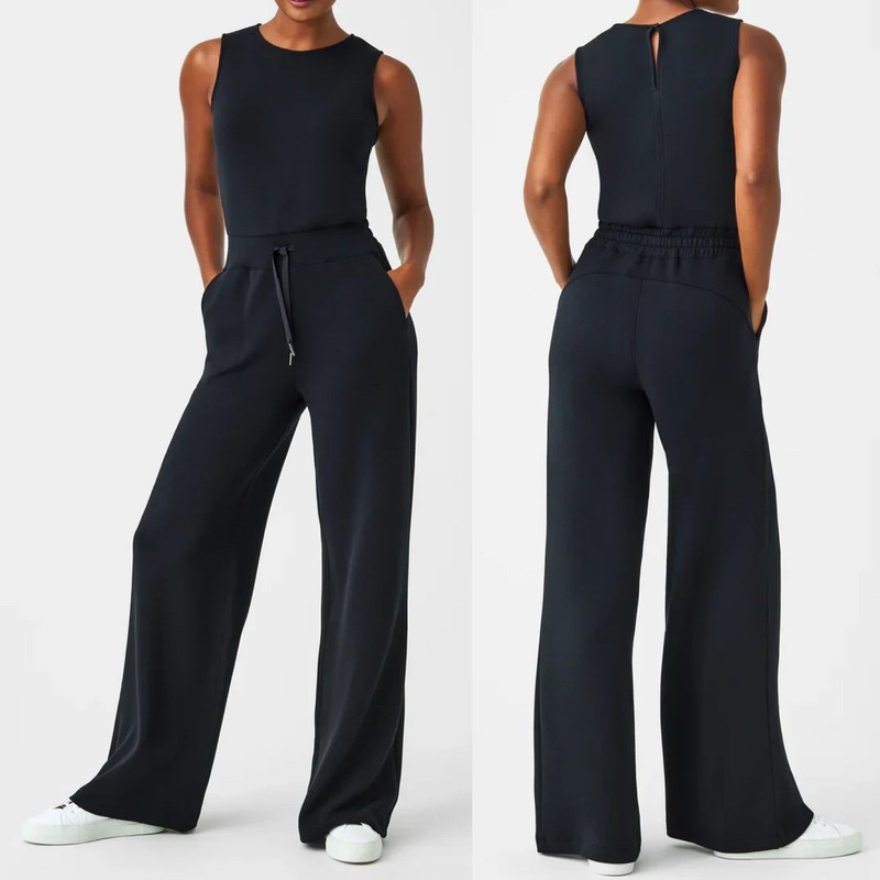 SPANX Air Essentials Wide Leg Jumpsuit Sz M Medium Tall Black Travel Romper
