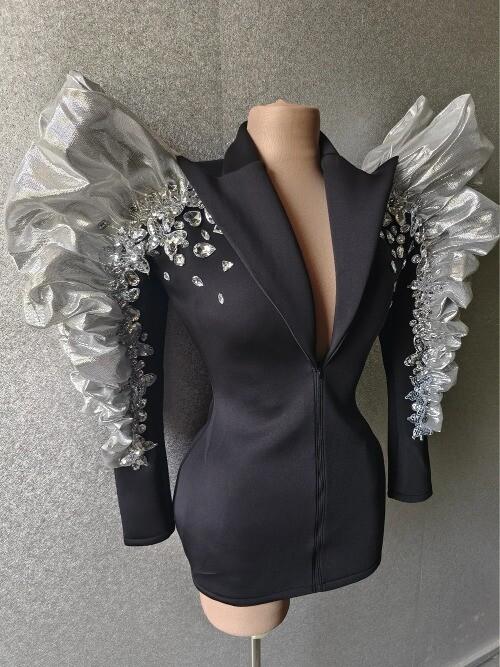 Sparkly Sequins Rhinestones Big Sleeves Black Jacket Sexy Dancer Nightclub Jazz