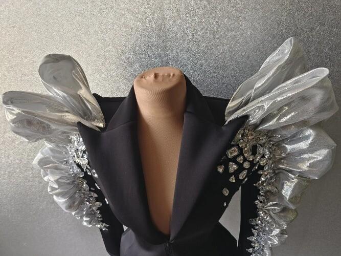 Sparkly Sequins Rhinestones Big Sleeves Black Jacket Sexy Dancer Nightclub Jazz