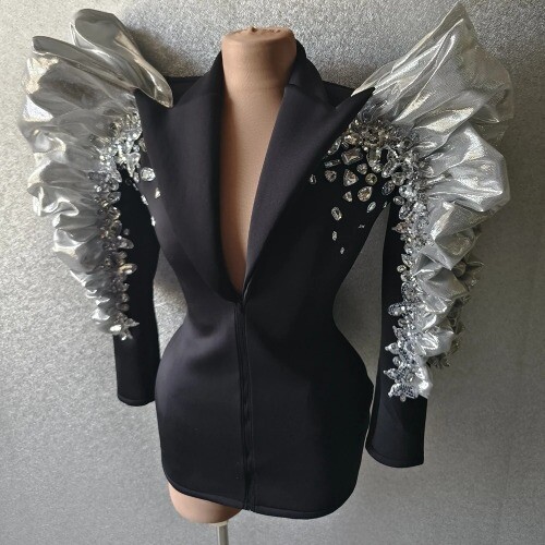 Sparkly Sequins Rhinestones Big Sleeves Black Jacket Sexy Dancer Nightclub Jazz