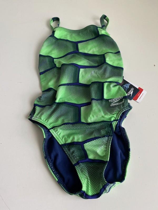 Speedo Endurance Flyback Racing Cut Swimsuit Size 26 Green/Blue Competition