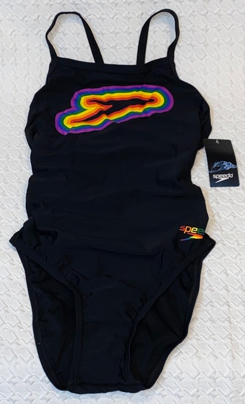 SPEEDO Logo Graphic Keyhole Enduranc Black Pride Swim Suit Female 26 28 30 32 34