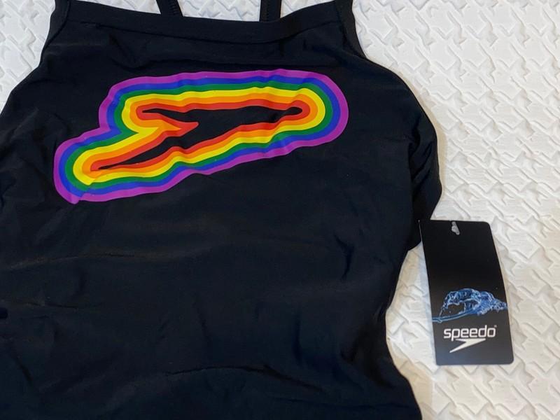SPEEDO Logo Graphic Keyhole Enduranc Black Pride Swim Suit Female 26 28 30 32 34