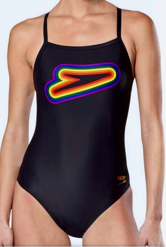 SPEEDO Logo Graphic Keyhole Enduranc Black Pride Swim Suit Female 26 28 30 32 34