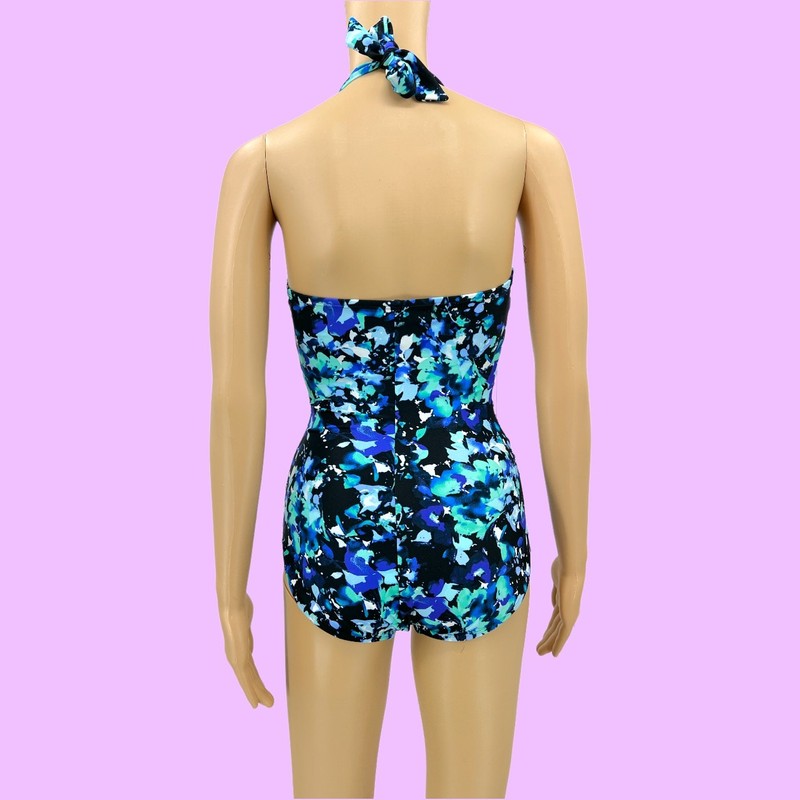 Speedo SMALL Blue Floral Halter Neck One Piece Swimsuit Swimwear Bathing Suit