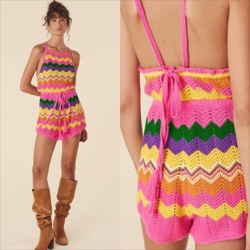 SPELL Ziggy Sleeveless Crochet Romper In Sorbet Stripes Size XL