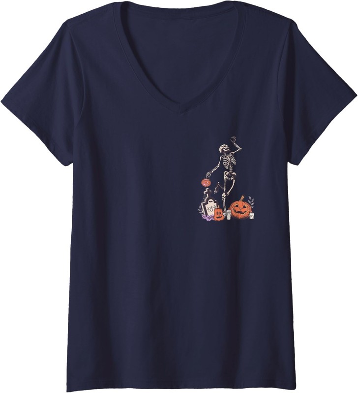 Spooky Season Skeleton Dancing Pumpkin Halloween Cute Ladies' V-Neck Tshirt