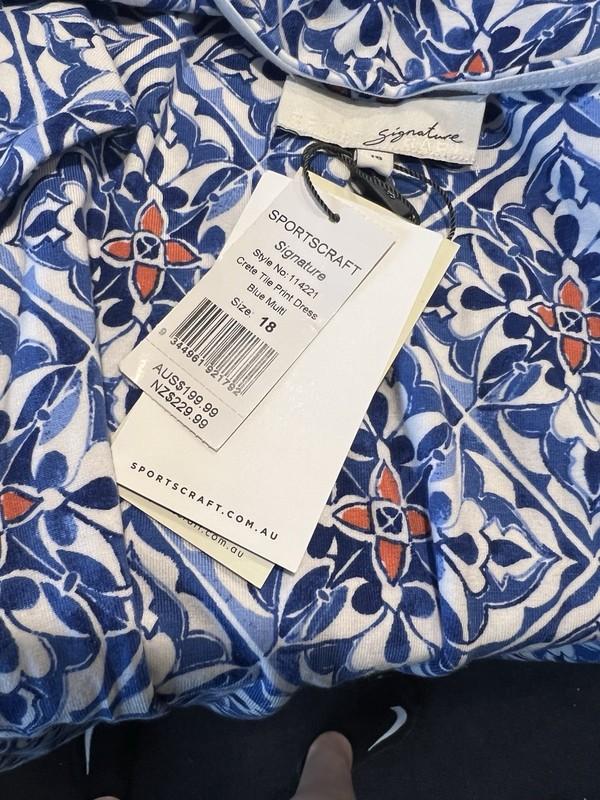 Sportscraft NWT $199.99 Blue/White Crete Tile Print Jersey Dress 18Aust-UK/14US
