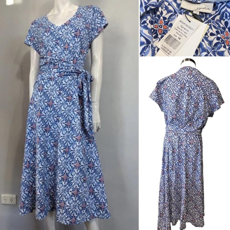Sportscraft NWT $199.99 Blue/White Crete Tile Print Jersey Dress 18Aust-UK/14US