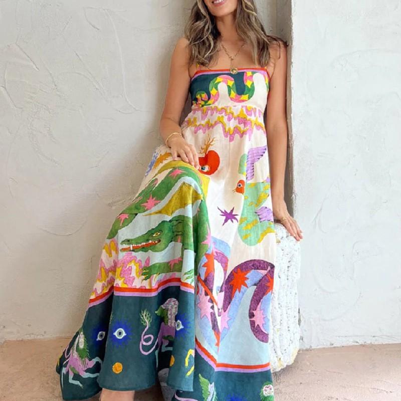 Spring Women's New Style Elegant High Waist Printed Strap Casual Fashion Dress