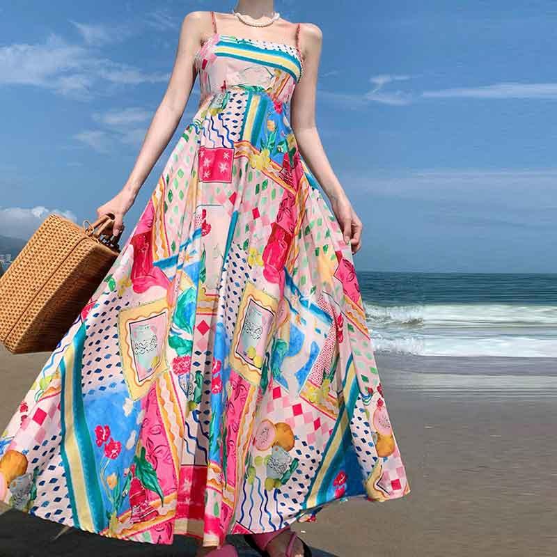 Spring Women's New Style Elegant High Waist Printed Strap Casual Fashion Dress