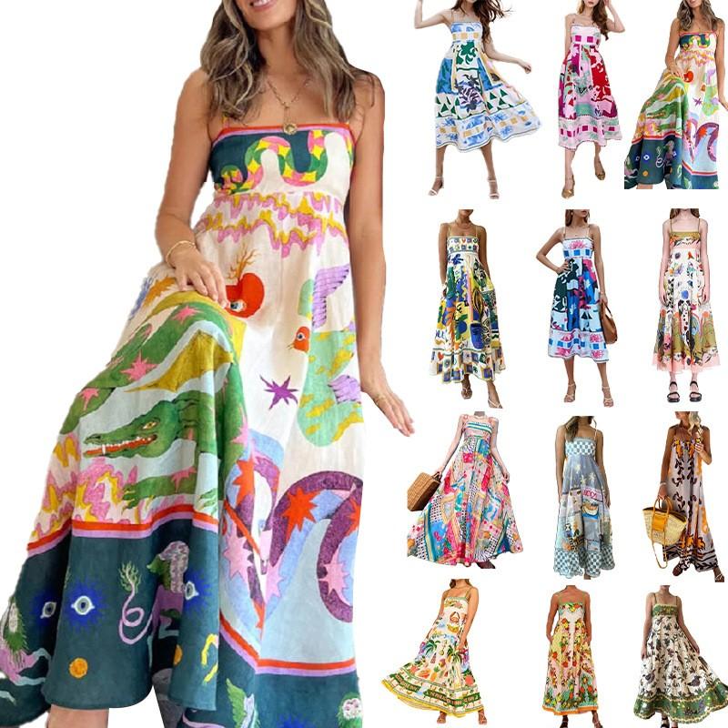 Spring Women's New Style Elegant High Waist Printed Strap Casual Fashion Dress
