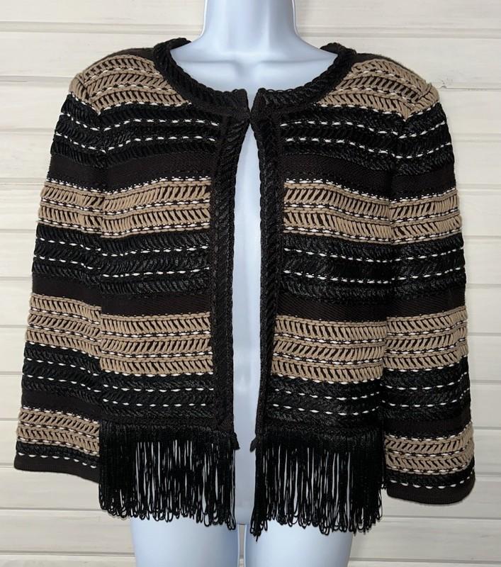 St John Boutiques Sz 14 Knit Jacket Women's Fringed Hem Black Khaki Brown Wool