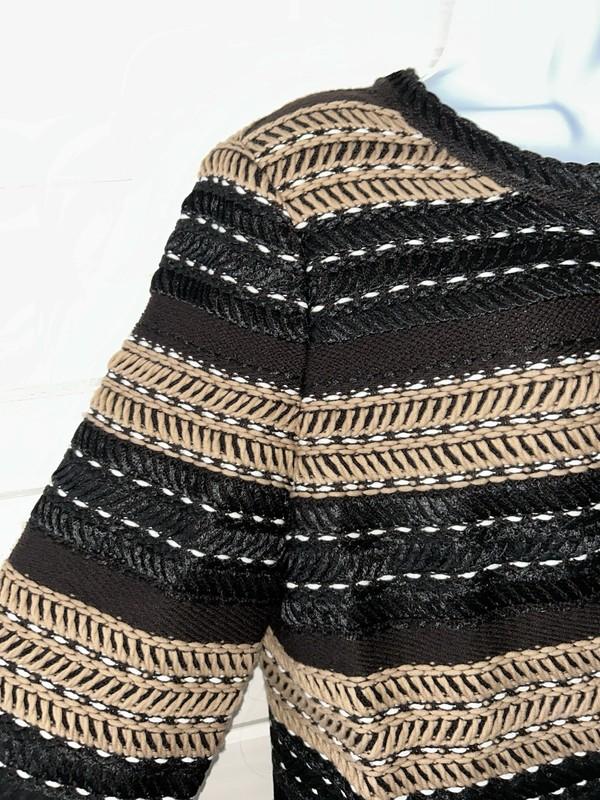 St John Boutiques Sz 14 Knit Jacket Women's Fringed Hem Black Khaki Brown Wool