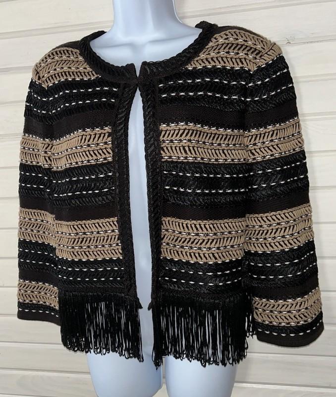 St John Boutiques Sz 14 Knit Jacket Women's Fringed Hem Black Khaki Brown Wool