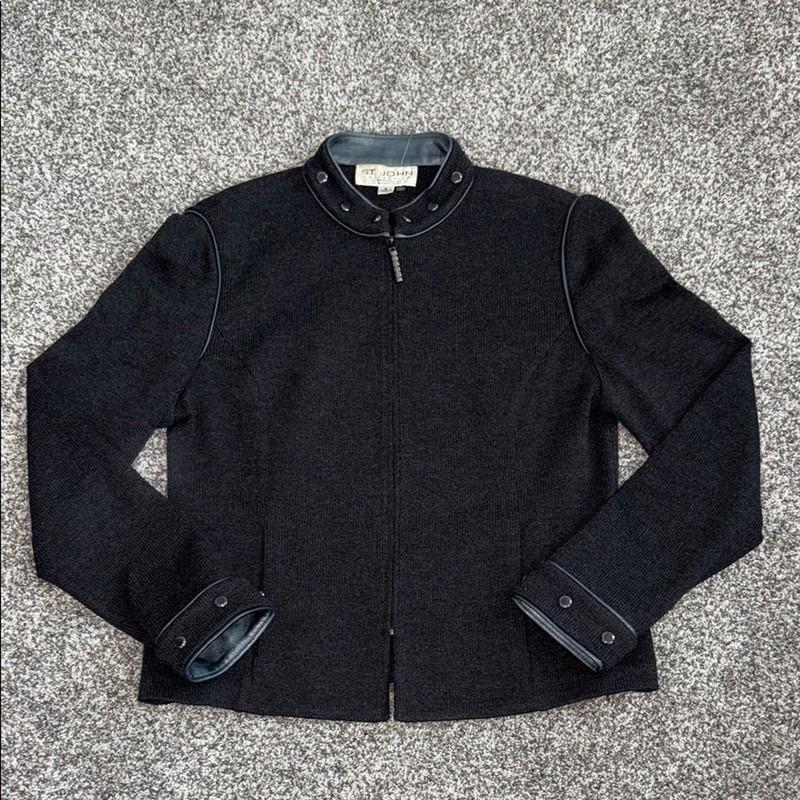 St. John Collection Knit Dark Gray Silver & Leather Jacket