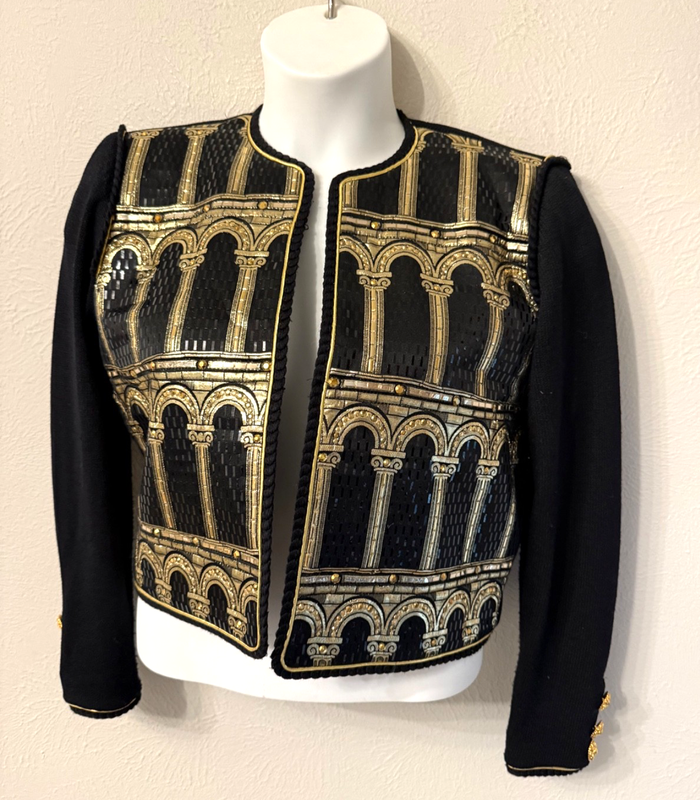 ST. JOHN Evening by Marie Gray size 6 embellished black/gold paillete jacket