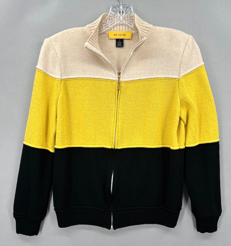 ST JOHN Sweater Womens Petite PS Full Zip Jacket Colorblock Stripe Black Gold