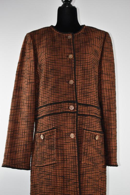 St. John Sz 12 Rust Orange Brown Knit Duster Over Coat Button Up Jacket Pockets