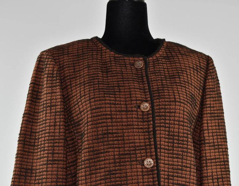 St. John Sz 12 Rust Orange Brown Knit Duster Over Coat Button Up Jacket Pockets