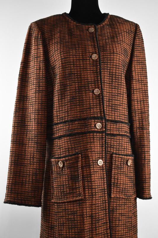 St. John Sz 12 Rust Orange Brown Knit Duster Over Coat Button Up Jacket Pockets