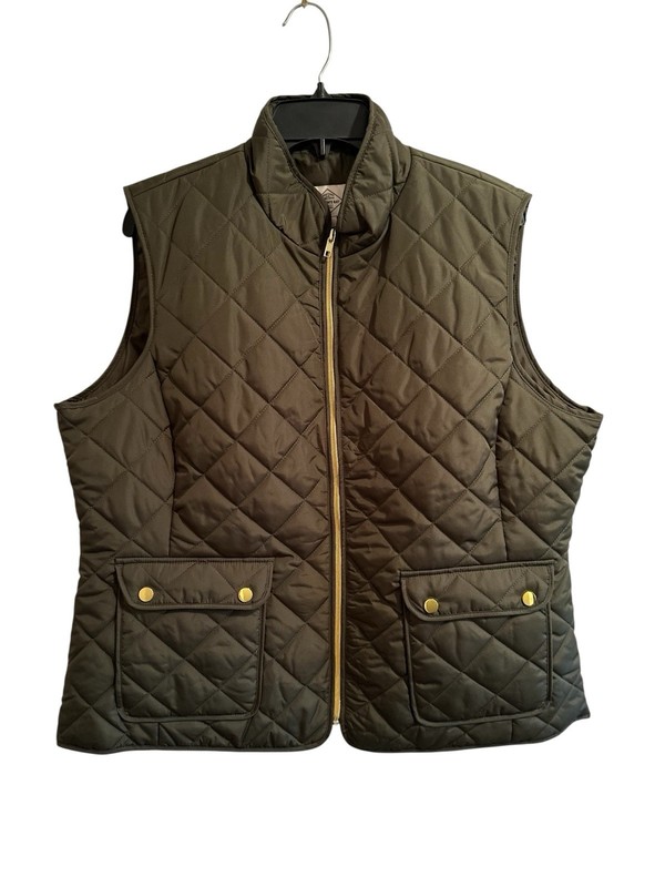 St. Johns Bay Quilted Puffer Vest Womens XL Zip Front Green Gold Snaps Pockets