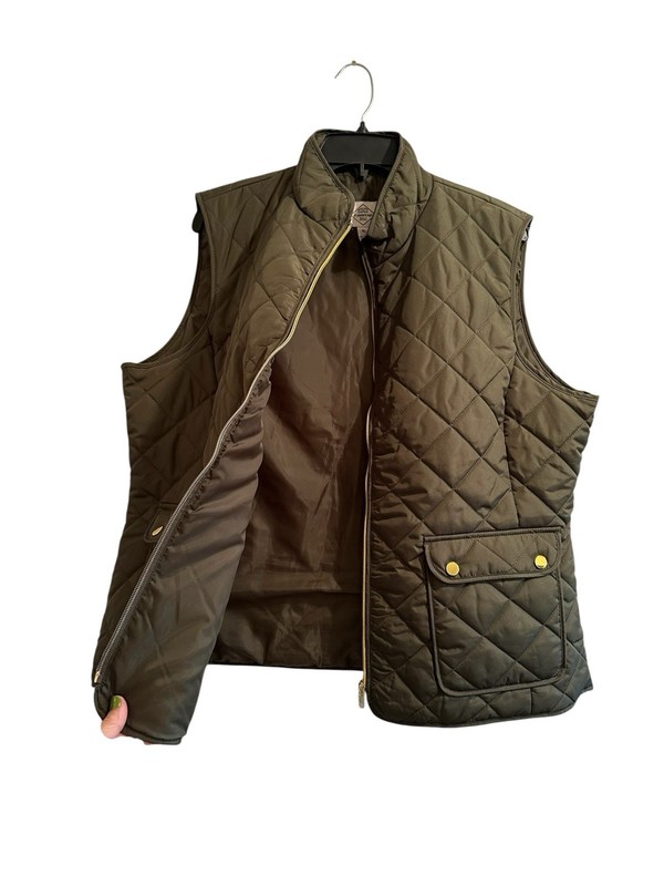 St. Johns Bay Quilted Puffer Vest Womens XL Zip Front Green Gold Snaps Pockets