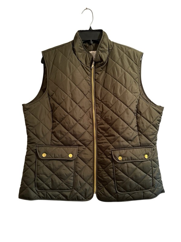 St. Johns Bay Quilted Puffer Vest Womens XL Zip Front Green Gold Snaps Pockets