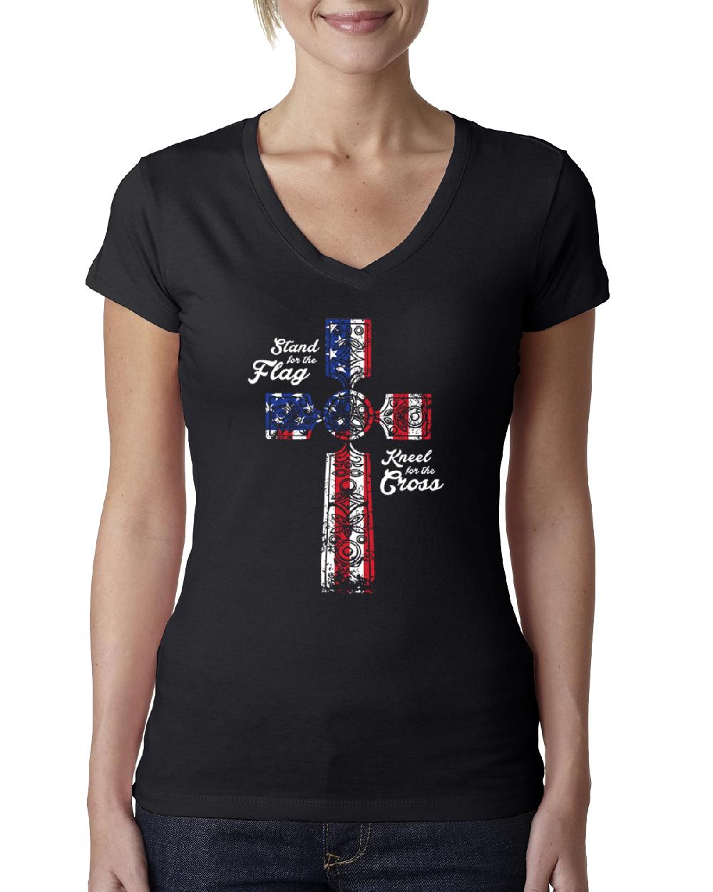 Stand For The Flag Kneel For The Cross USA Flag Women Junior Fit V-Neck Tee
