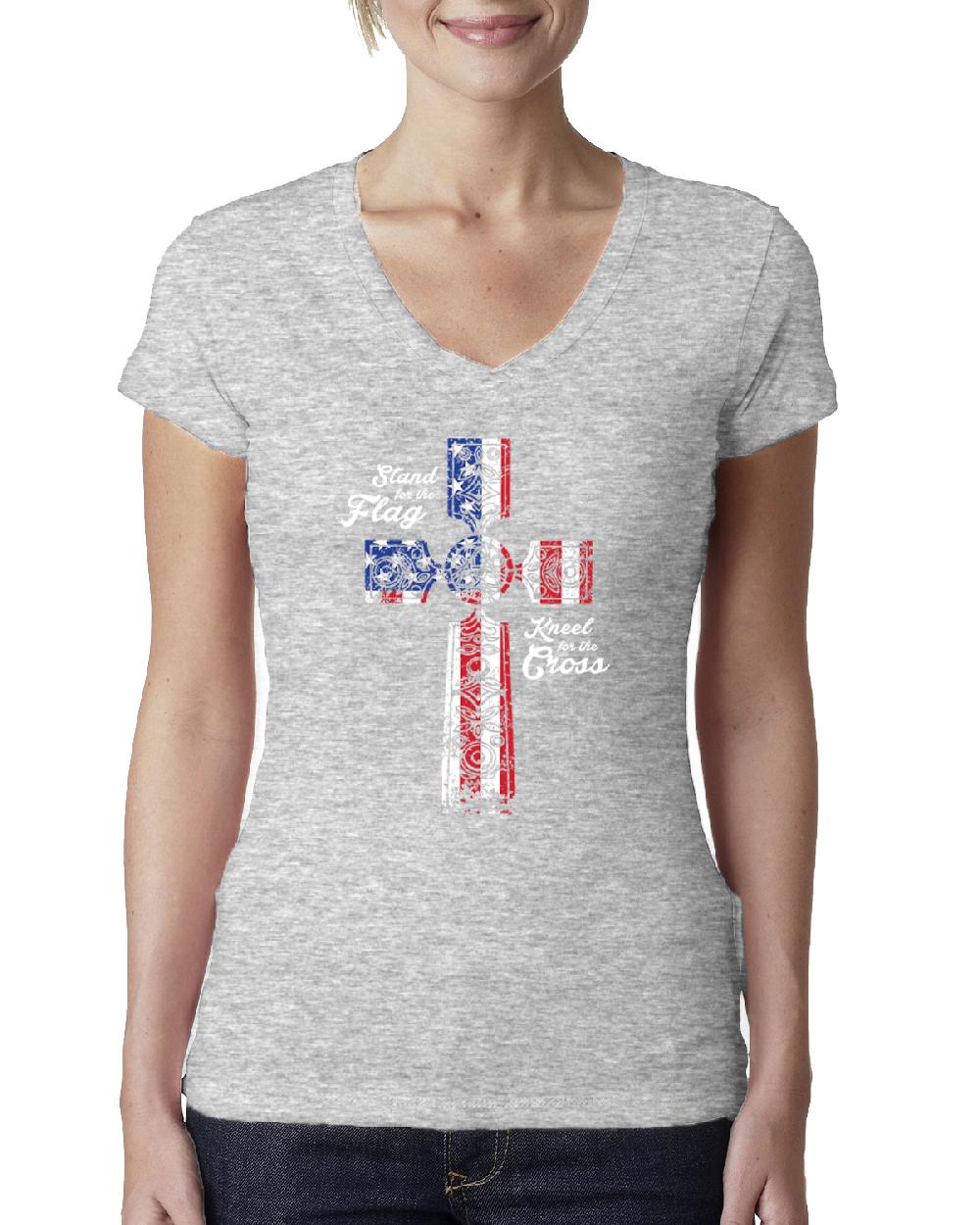 Stand For The Flag Kneel For The Cross USA Flag Women Junior Fit V-Neck Tee