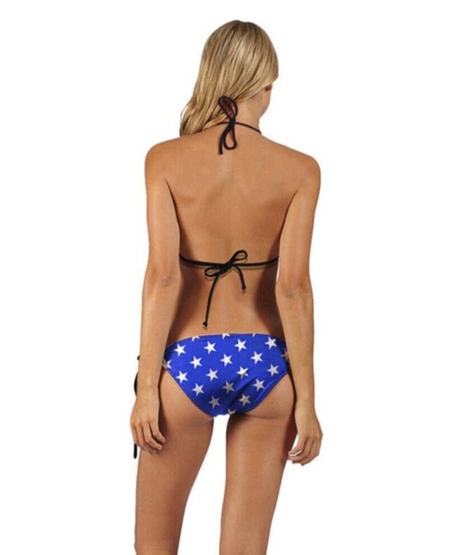 Stars Stripes American Flag Bikini USA Patriotic Tie-Top Swimsuit Swimwear O/S[]