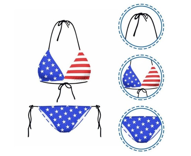 Stars Stripes American Flag Bikini USA Patriotic Tie-Top Swimsuit Swimwear O/S[]