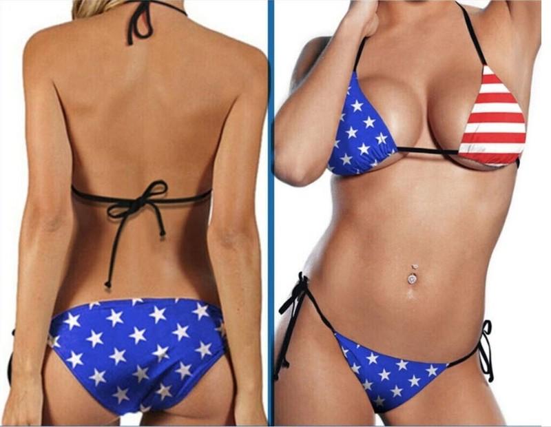 Stars Stripes American Flag Bikini USA Patriotic Tie-Top Swimsuit Swimwear O/S[]