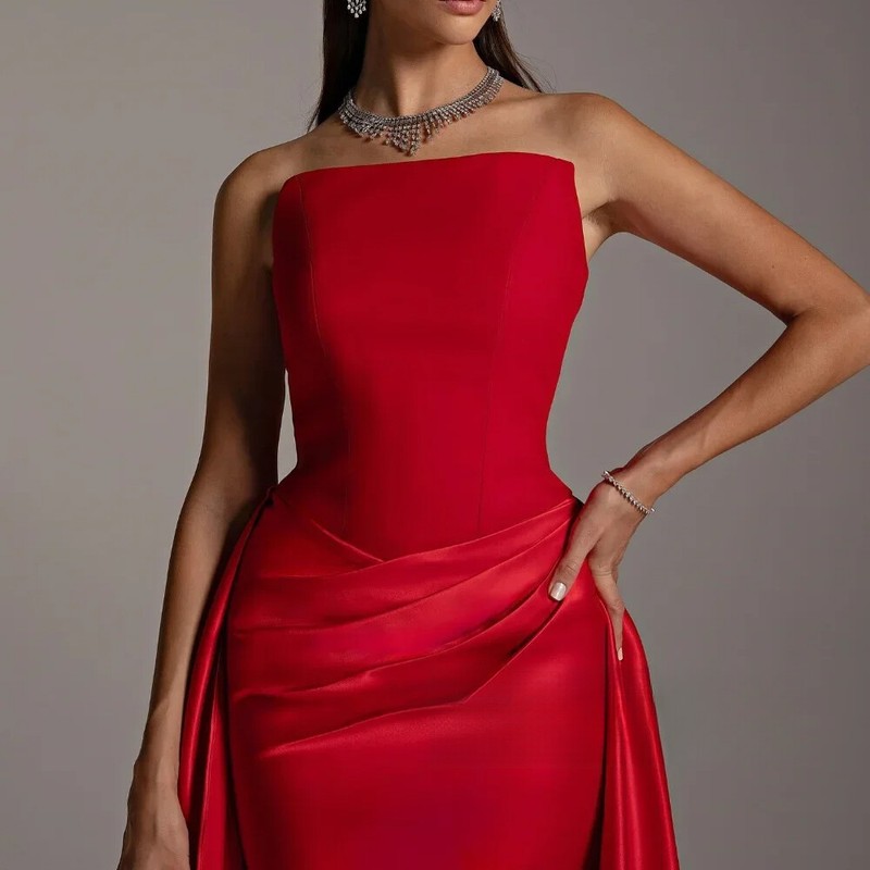 Strapless Mermaid Evening Dresses Sexy Backless Pleated Satin Formal Prom Gowns