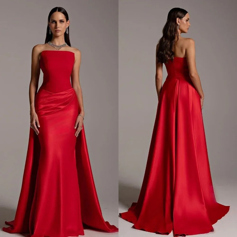 Strapless Mermaid Evening Dresses Sexy Backless Pleated Satin Formal Prom Gowns