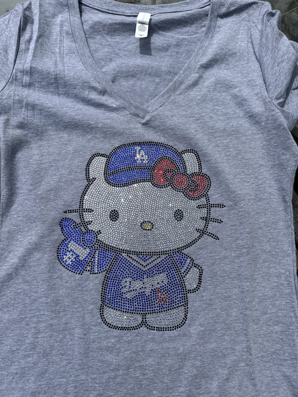Stunning Hello Kitty Dodgers Number 1 Fan Rhinestone V-Neck Women's Tee Size L