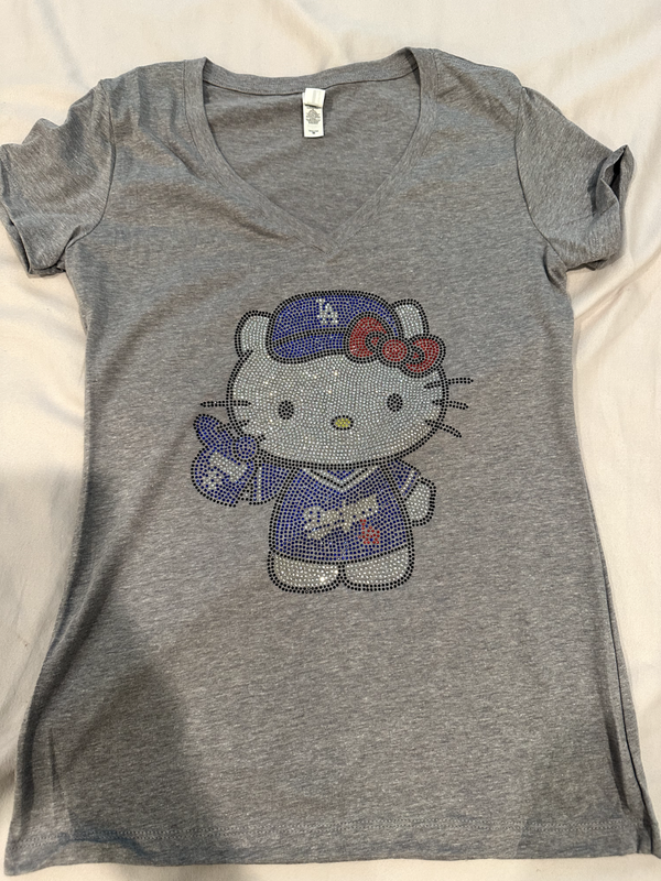 Stunning Hello Kitty Dodgers Number 1 Fan Rhinestone V-Neck Women's Tee Size L