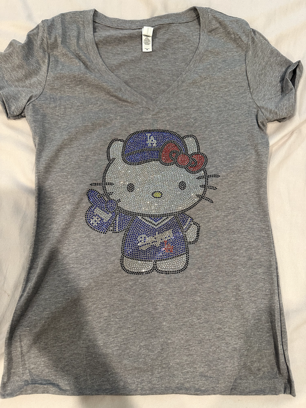 Stunning Hello Kitty Dodgers Number 1 Fan Rhinestone V-Neck Women's Tee Size L