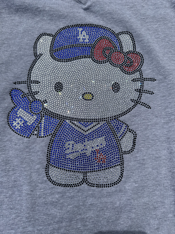 Stunning Hello Kitty Dodgers Number 1 Fan Rhinestone V-Neck Women's Tee Size L