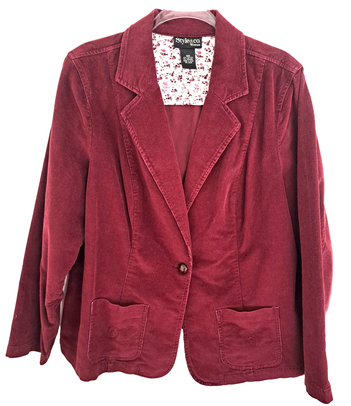 Style & Co Woman 16 Corduroy Fall Blazer Jacket Burgundy 3 Button Stretch Coat
