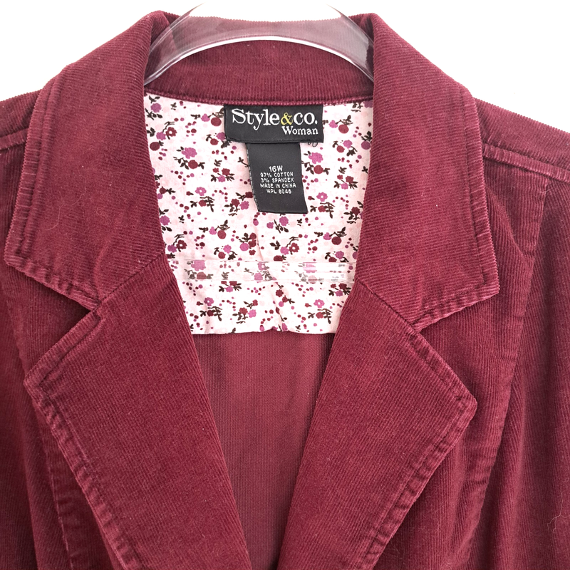 Style & Co Woman 16 Corduroy Fall Blazer Jacket Burgundy 3 Button Stretch Coat