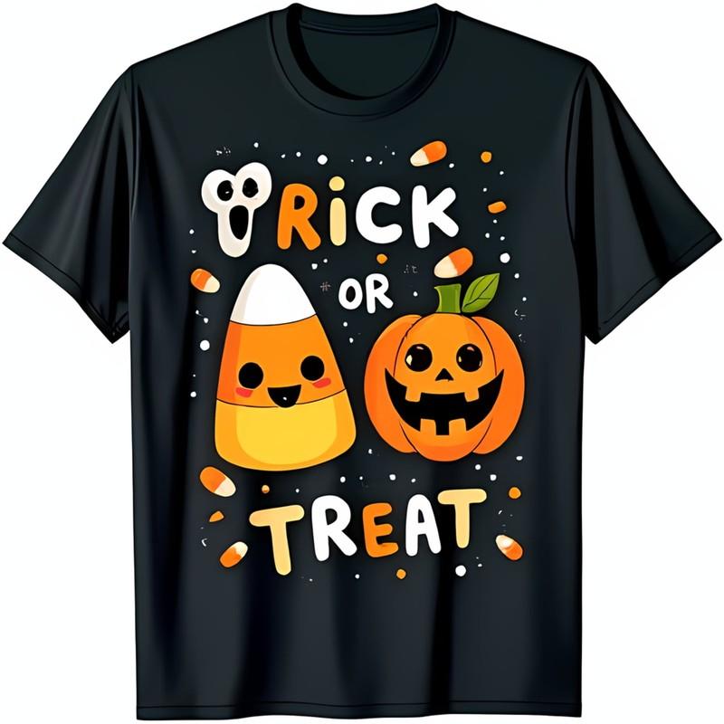 Stylish Black T-Shirt with Cute Halloween Pumpkin & Candy Corn Graphic Trick
