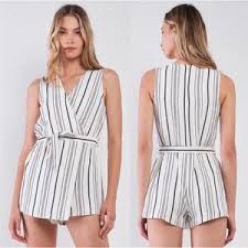 Sugar Lips black white stripe belted romper size medium M b25