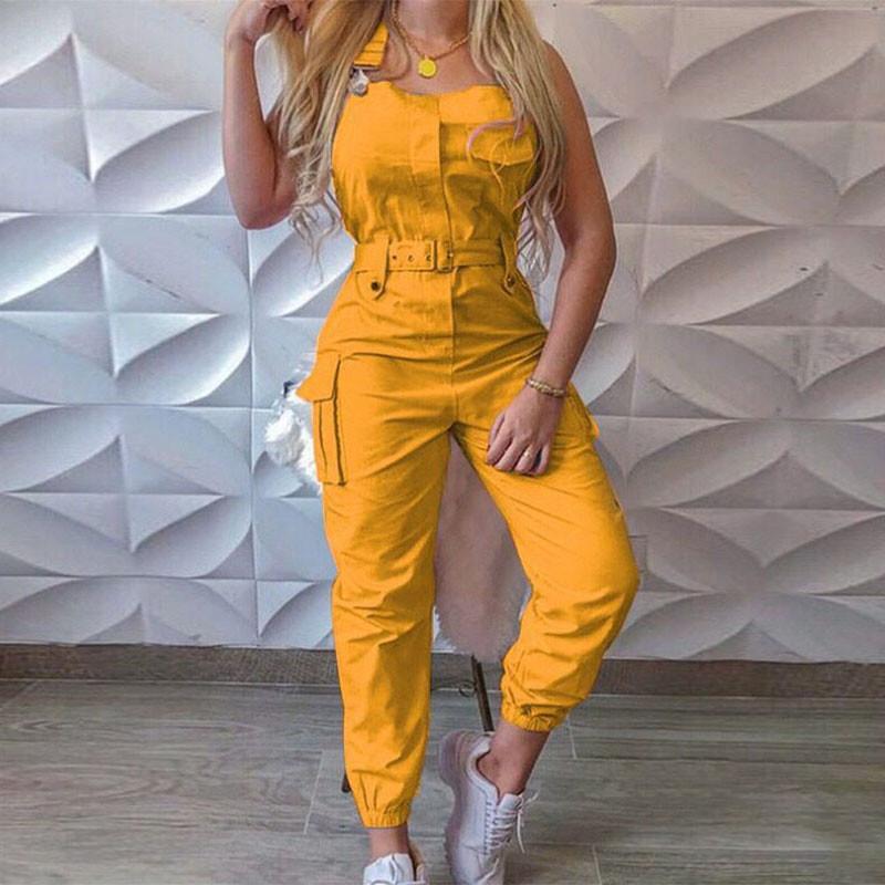 Summer Womens Sleeveless Cargo Belted Jumpsuit Ladies Casual Holiday Slim Romper