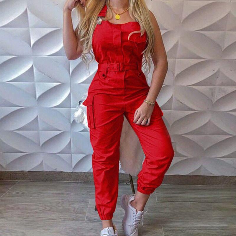 Summer Womens Sleeveless Cargo Belted Jumpsuit Ladies Casual Holiday Slim Romper