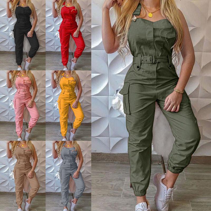 Summer Womens Sleeveless Cargo Belted Jumpsuit Ladies Casual Holiday Slim Romper